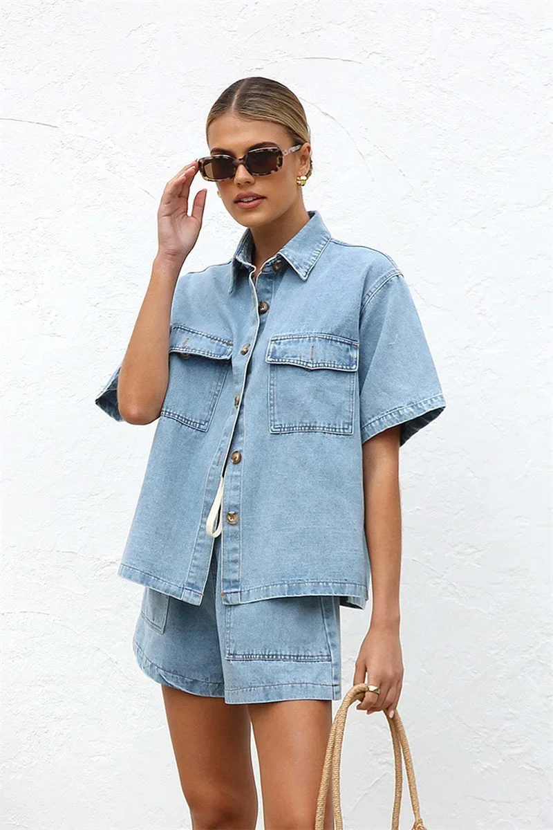 2025 Vintage High Street Denim Garnitury Damskie Krótki Rękaw Guzik Luźna Wygodna Koszula Damskie Dwuczęściowe Zestawy Szorty Z Wysoką Talią