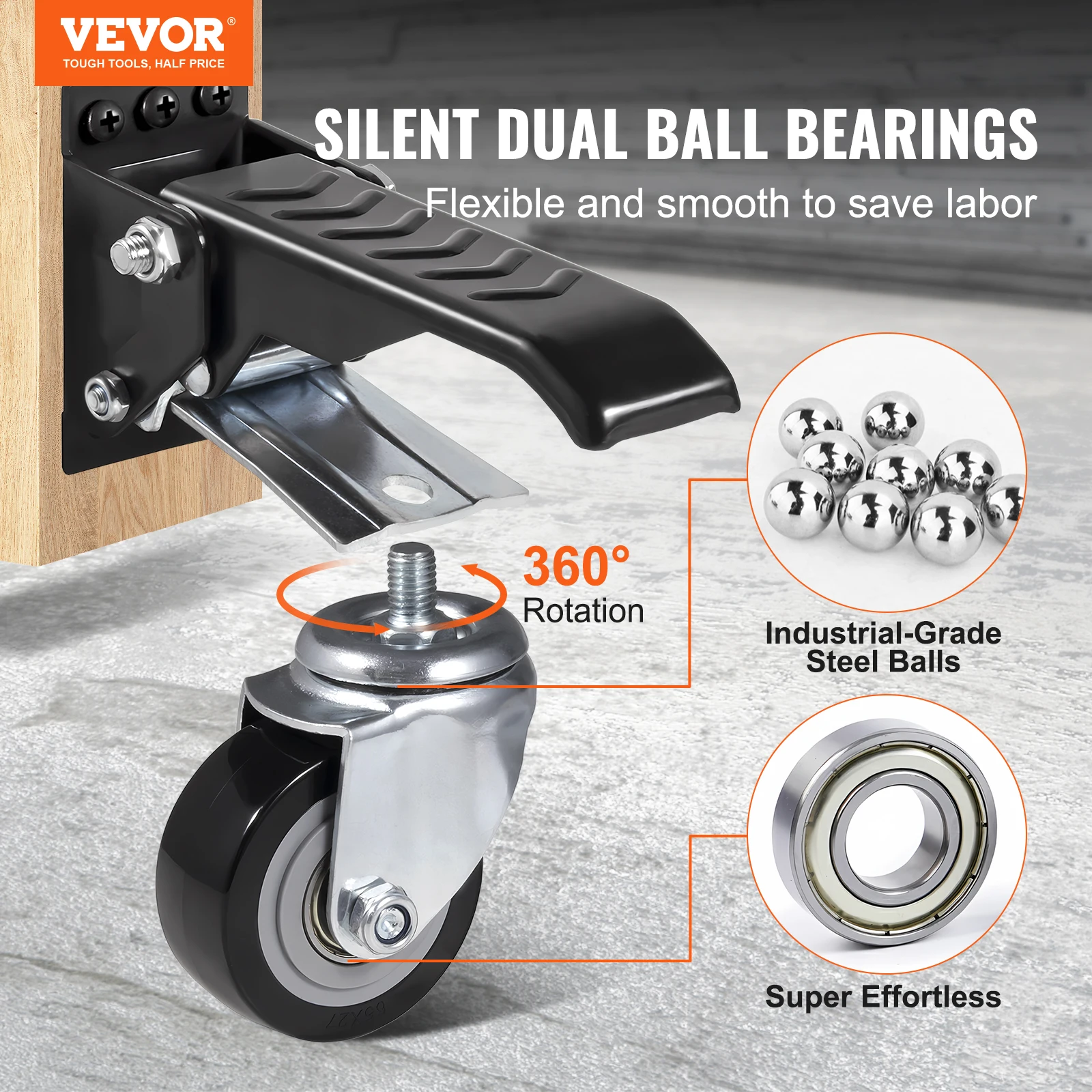 VEVOR 165 lbs 2.5" Set of 4 Workbench Caster Wheels Side Mounted Retractable Stepdown Wheel 360° Swivel for Tables and Equipment
