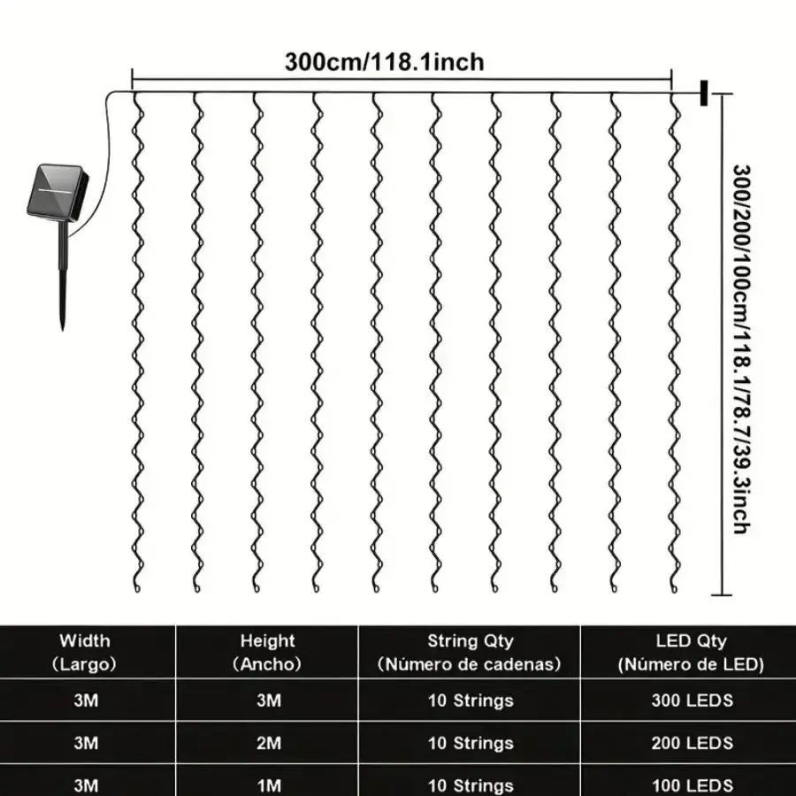 1 cortina de luces solares, 300/200/100LED, luces de hadas impermeables para exteriores/interiores, para Festival, luces LED de Año Nuevo, Navidad