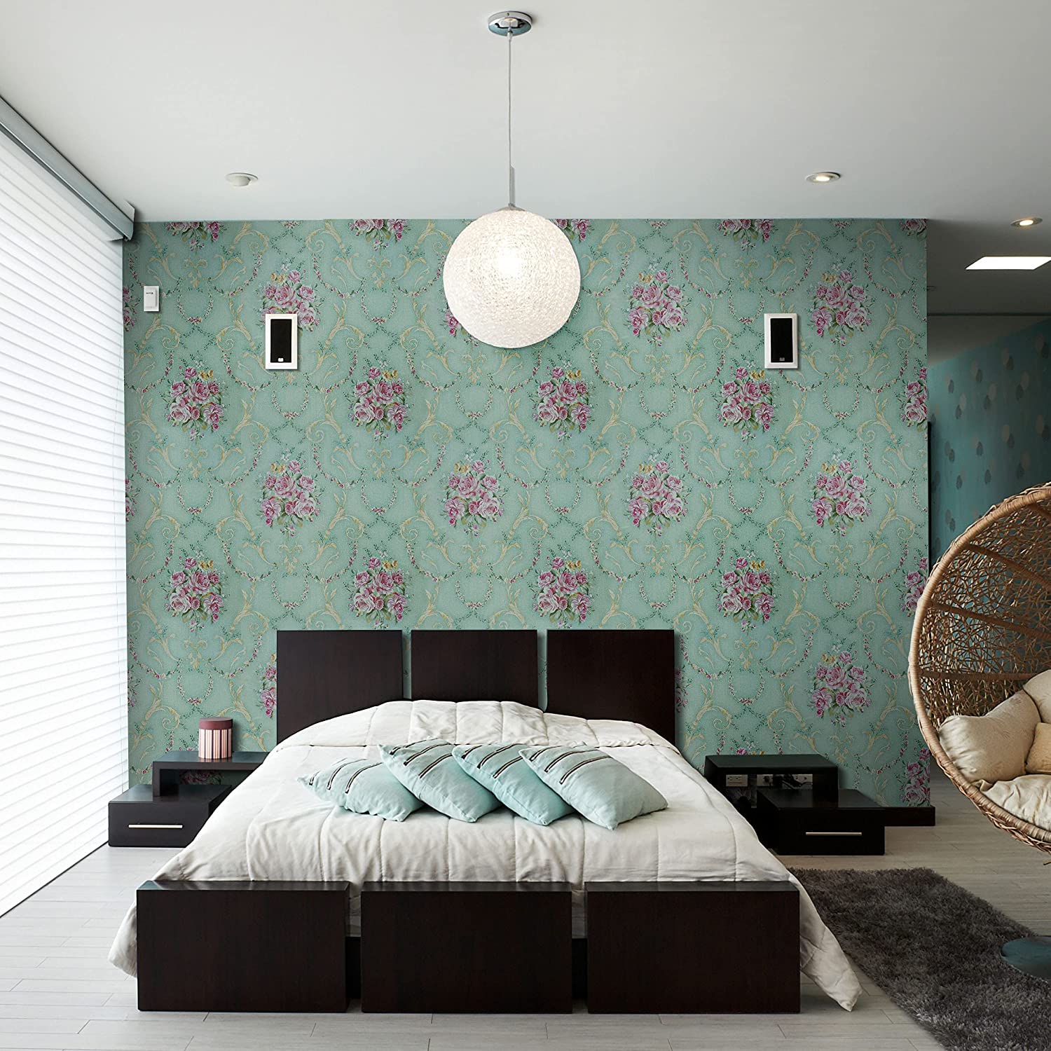 Papel de parede floral verde, casca e bastão, retrô, flor florescendo, vintage, papel de contato, backsplash, removível, autoadesivo