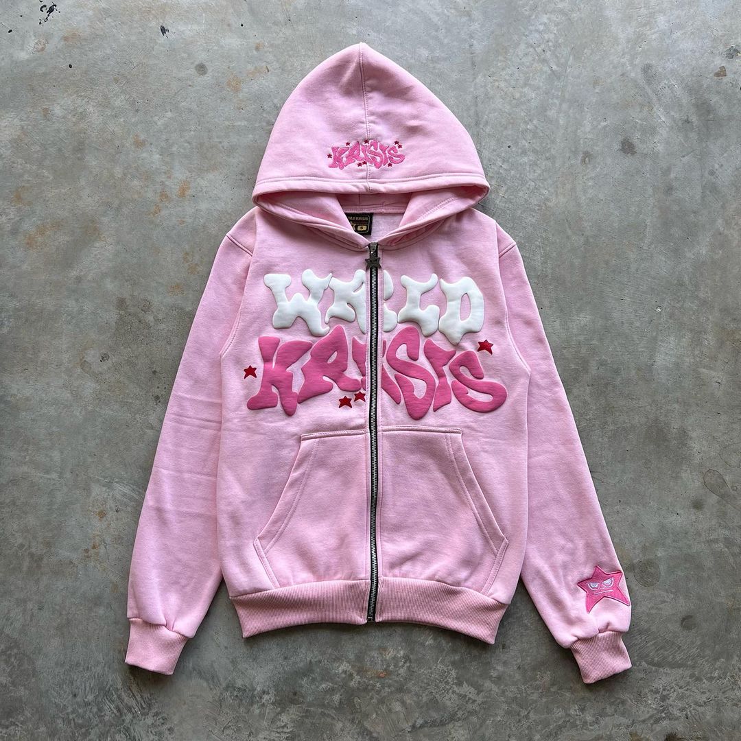 Sudadera con capucha de espuma con letras rosas Harajuku 2024, ropa informal holgada clásica europea y americana para hombres y mujeres y2k, Sudadera con capucha con cremallera