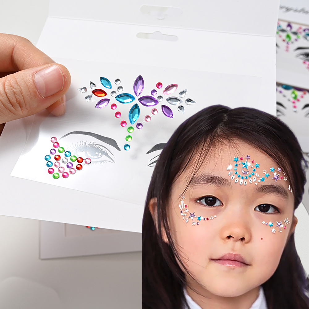 5 ピースダイヤモンドフェイスステッカー子供のための混合スタイルカラフルなグリッタークリスタルフェイスデカール 3D 自己粘着フェイスラインストーン小型サイズ