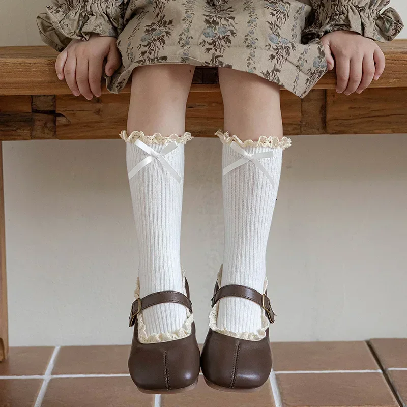 Calcetín de princesa para niños pequeños, calcetín Retro de encaje con volantes y lazo hasta la pantorrilla para niños, calcetín escolar de algodón suave para primavera y otoño