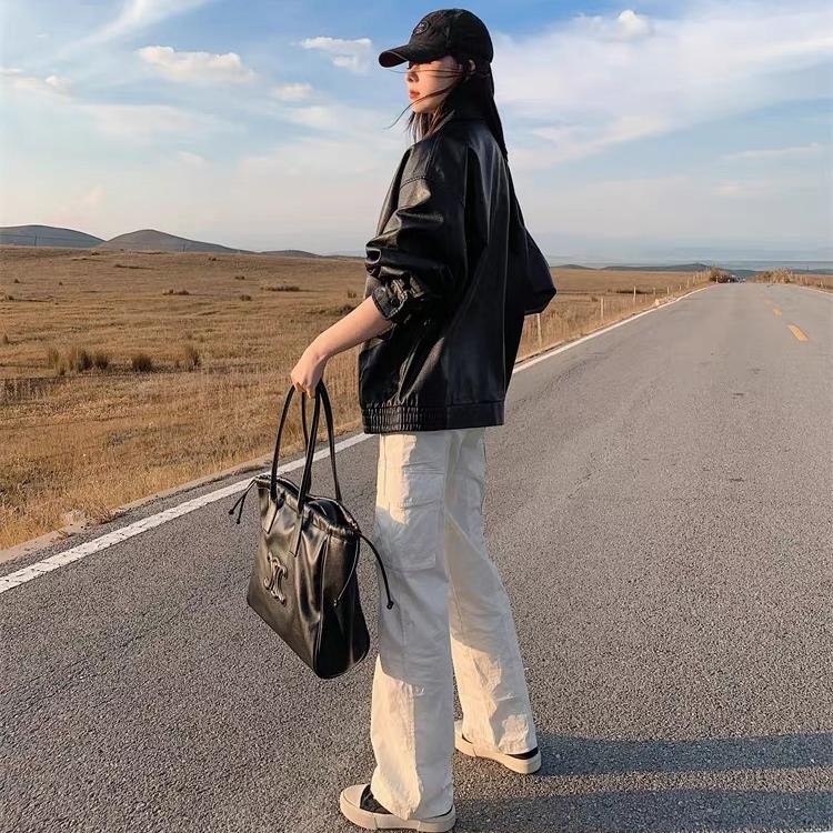 Retro Brown Leather Jacket Women's Hong Kong Sle New Spring Autumn High Loose American Retro Motorcycle Jacket Top