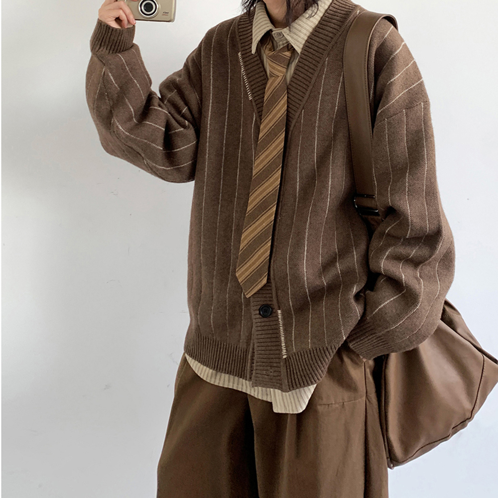 秋冬アメリカンヴィンテージストライプカーディガン男性女性韓国人気の服カジュアルトレンディニット Kpop カップルセーター