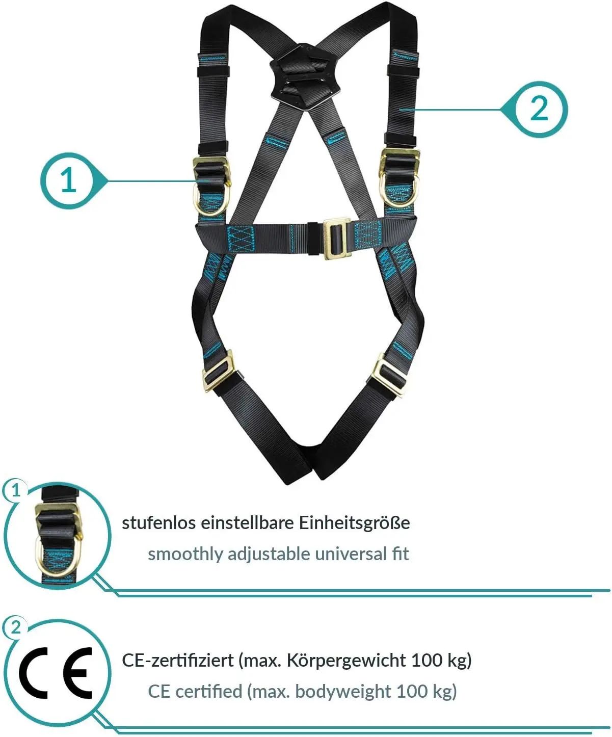 Absturz sicherungs satz: Ganzkörper-Arrest gürtel en361, Gurt dämpfer y Stecker, 1,5 m en354, Maximal gewicht kg. (128 Zeichen)