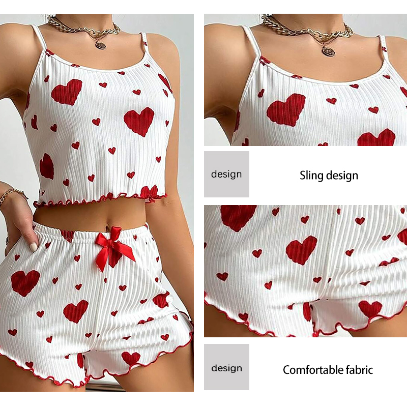 Pigiama da donna Set pigiama 2 pezzi Canotte corte e pantaloncini SML Bianco Ventilare morbido Casual Stampa d'amore