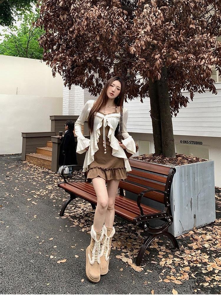 アメリカンレトロスリムフィットキャミソールドレス女性のための + フリル長袖ニットカーディガン 2025 秋の新ツーピースセット