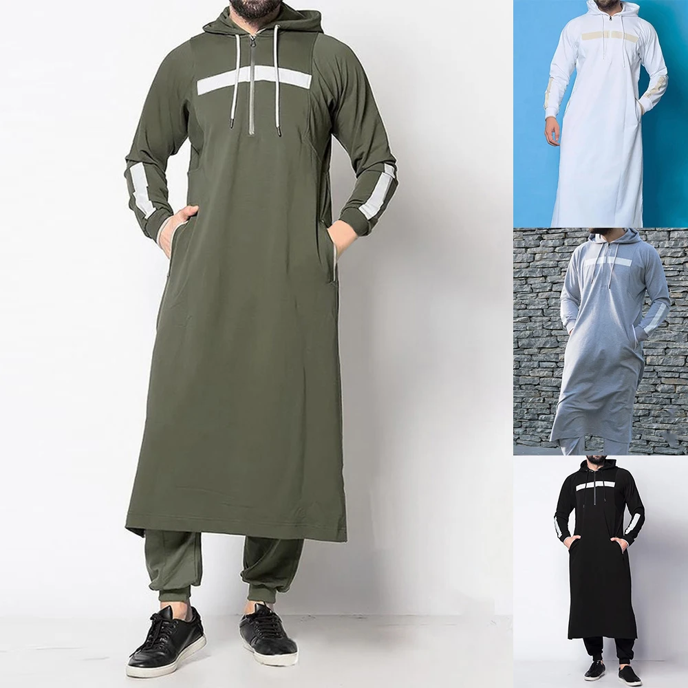 Tops masculinos muçulmano médio oriente islâmico árabe roupas soltas listrado manga longa bolsos com cordão comprimento total com capuz robe