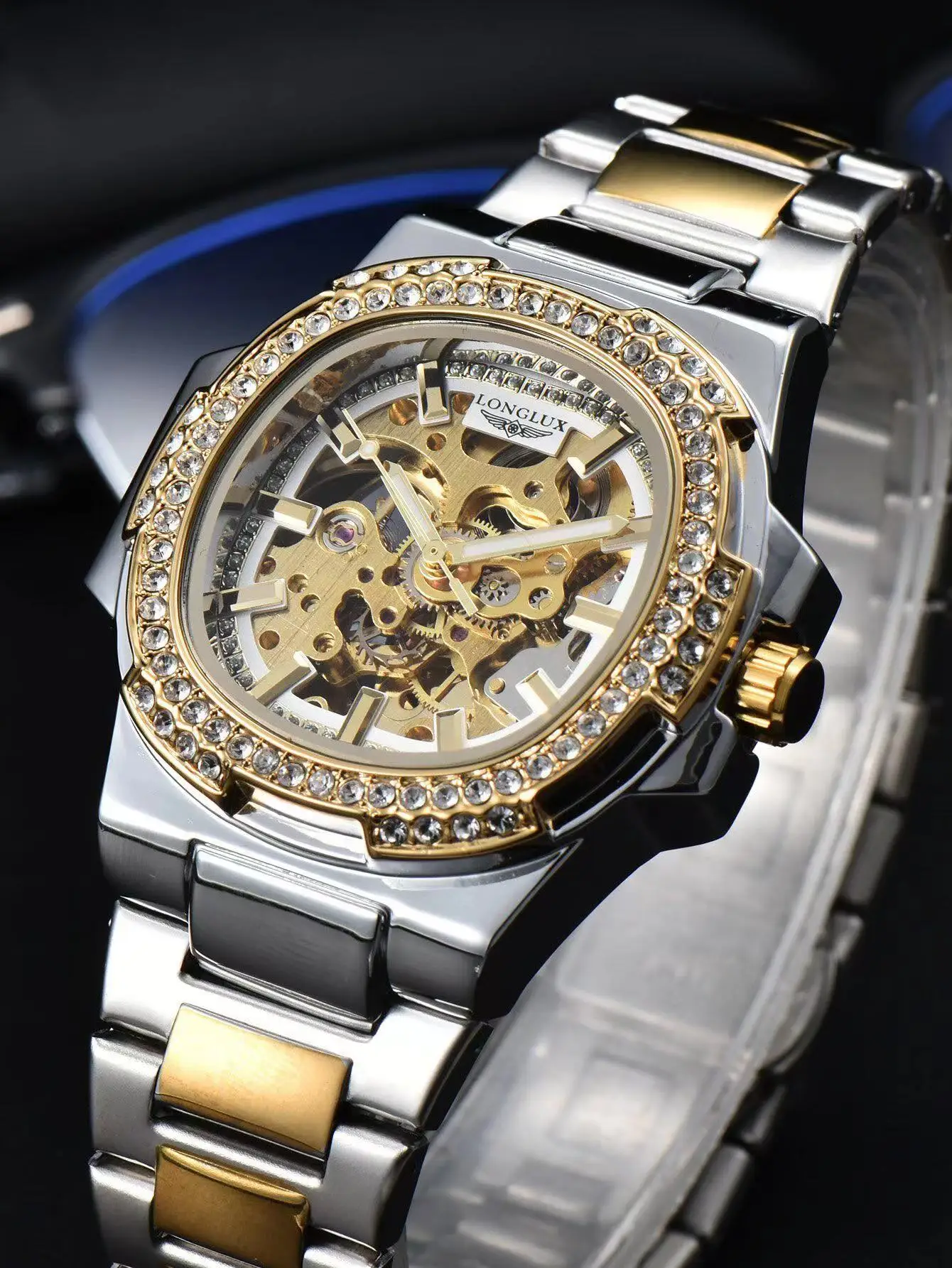 Reloj LONGLUX automático para hombre, relojes de pulsera mecánicos de lujo de acero inoxidable al por mayor, reloj esqueleto resistente al agua con diamantes, reloj para hombre