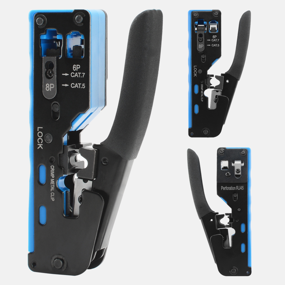 Alicates de engarzado RJ45, cortador pelador de paso para conector Modular Cat7 Cat6 Cat5e 8P8C, herramienta de cable todo en uno Ethernet