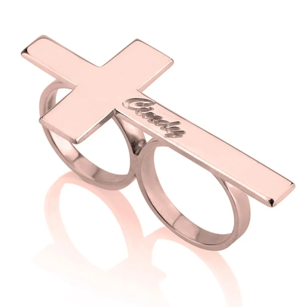 CUSTOM CROSS แหวนแกะสลักชื่อแหวนผู้ชายสแตนเลสสองนิ้วแหวน Knuckle เครื่องประดับผู้หญิงส่วนบุคคลของขวัญสําหรับแฟน