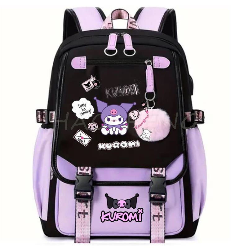 Backpack Lovely Kuromi Melody Student School Backpack USB Charge School Bag Teenager Girls Boys Children's Backpack