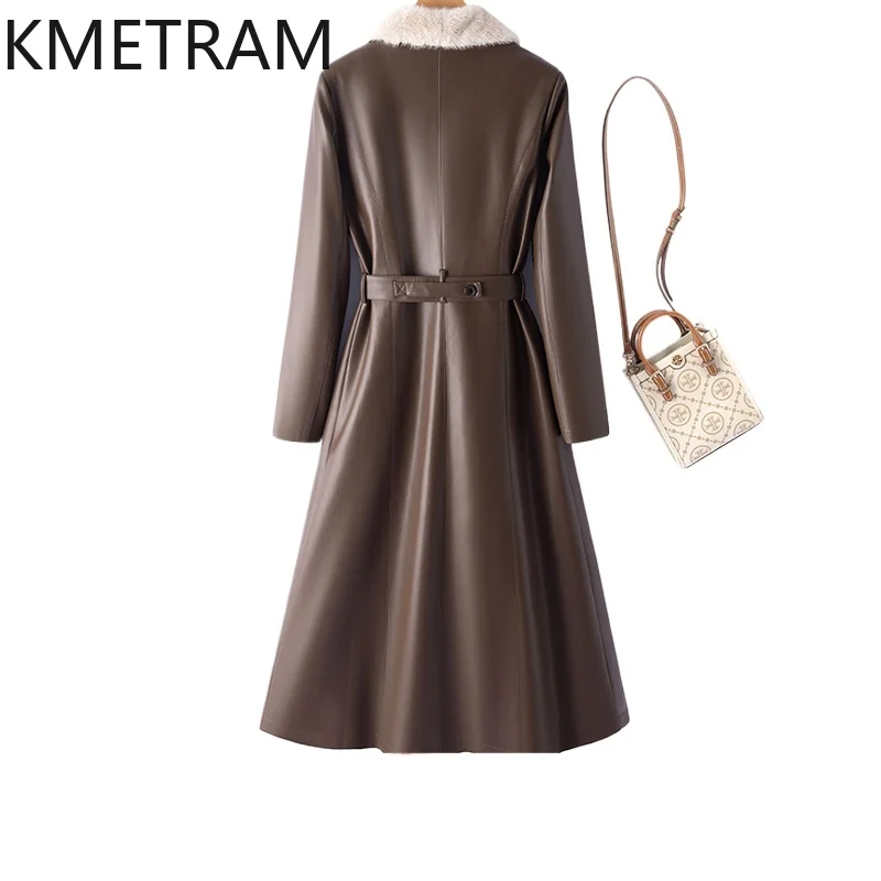 Kmestram แจ็กเก็ตหนังแกะแท้สำหรับผู้หญิง, เสื้อโค้ทผู้หญิงความยาวปานกลางคอเสื้อขนมิงค์90% ฤดูหนาว