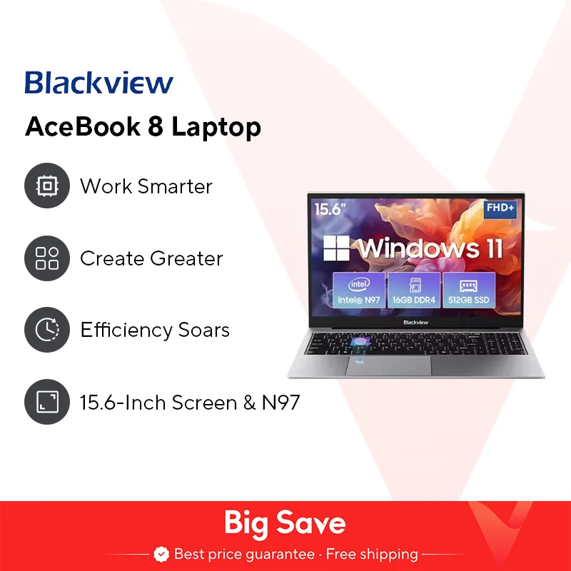 Blackview AceBook 8 Laptop 15,6" 12. Generation Intel Alder Lake N97 16 GB RAM 512 GB SSD + Erweiterung bis zu 1 TB Windows 11 Home 15,6"