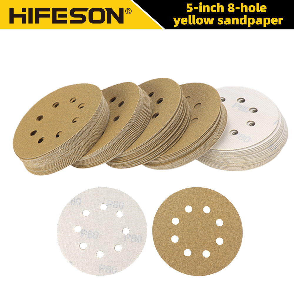 20 piezas/50 unidades/100 unidades de papel de lija amarillo al vacío de 5 pulgadas, disco de molienda de 8 agujeros de 125mm, accesorios de lijado y pulido abrasivo
