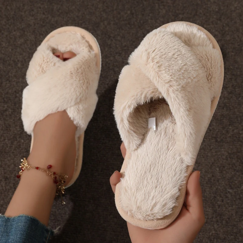 Pantoufles moelleuses à bande croisée pour femmes, chaussures de maison confortables en peluche douce, bout ouvert en fourrure, semelle chaude antidérapante pour l'intérieur et l'extérieur