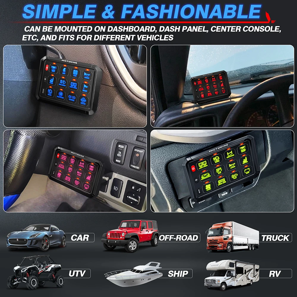 Mictuning-Panel de interruptor RGB de 8/12 entradas, barra de luz Led de trabajo, controlador de caja de interruptores para coches universales, camiones, barcos, UTV, 4X4, 4WD
