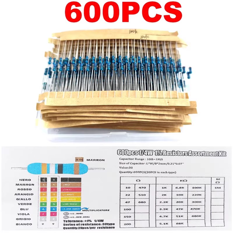Kit de resistencias de 600 Uds., resistencias de 10 Ohm-1MOhm, 1/4W ± 1% de película de carbono, resistencia única, electrónica eléctrica, 30 valores