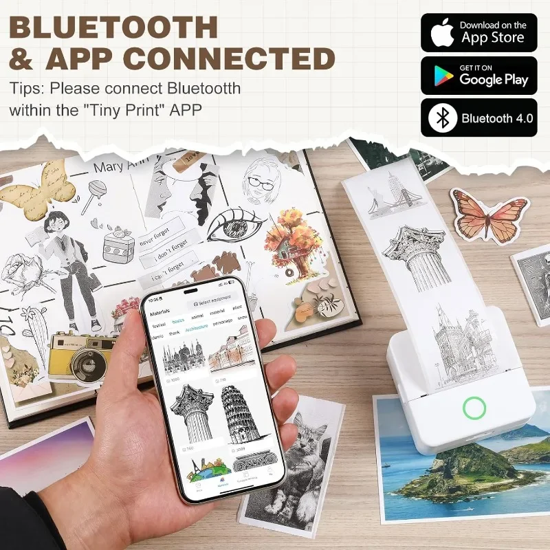 サーマルミニプリンター、ポータブルインクレスステッカーメーカー、Bluetoothフリーカット小型ポケットプリンター子供用DIY 57mm写真プリント