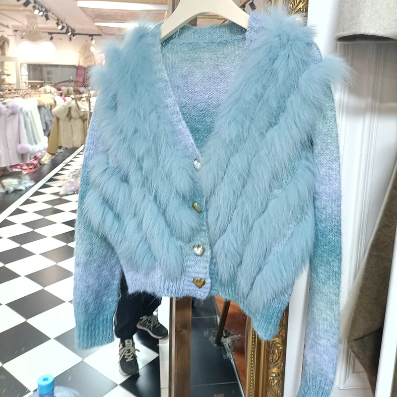 2025 mulheres outono curto pele guarnição cardigans de malha com botão real pele de raposa listrado casaco outwear camisola feminina com pele