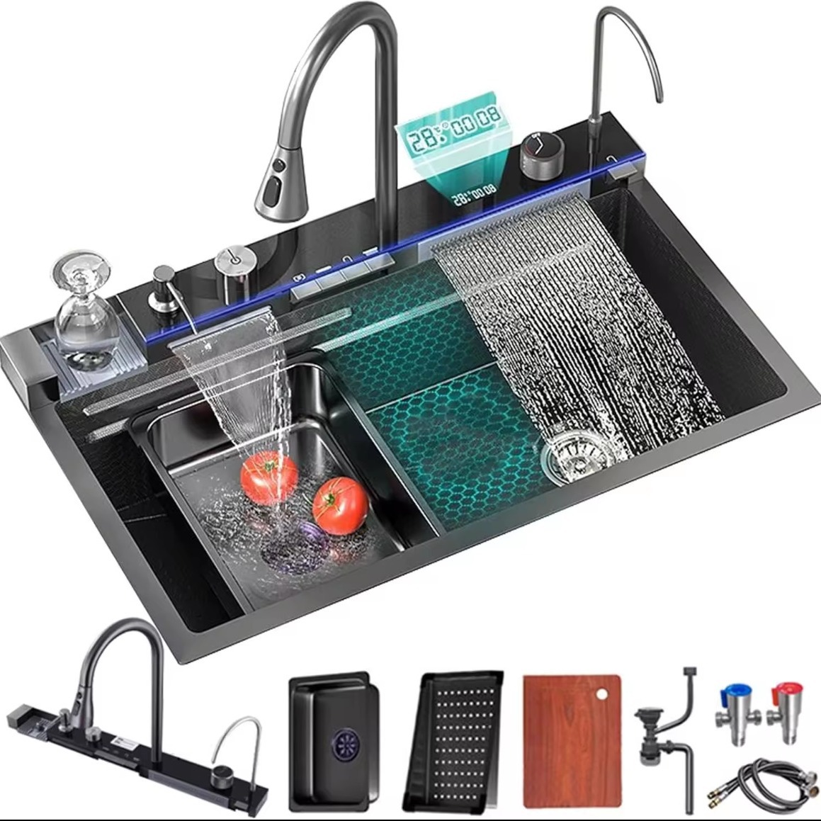 Fregadero de cocina de acero inoxidable 304, doble cascada, ranura única, juego de grifo con pantalla Digital integrada, dispensador de jabón, lavadora de tazas