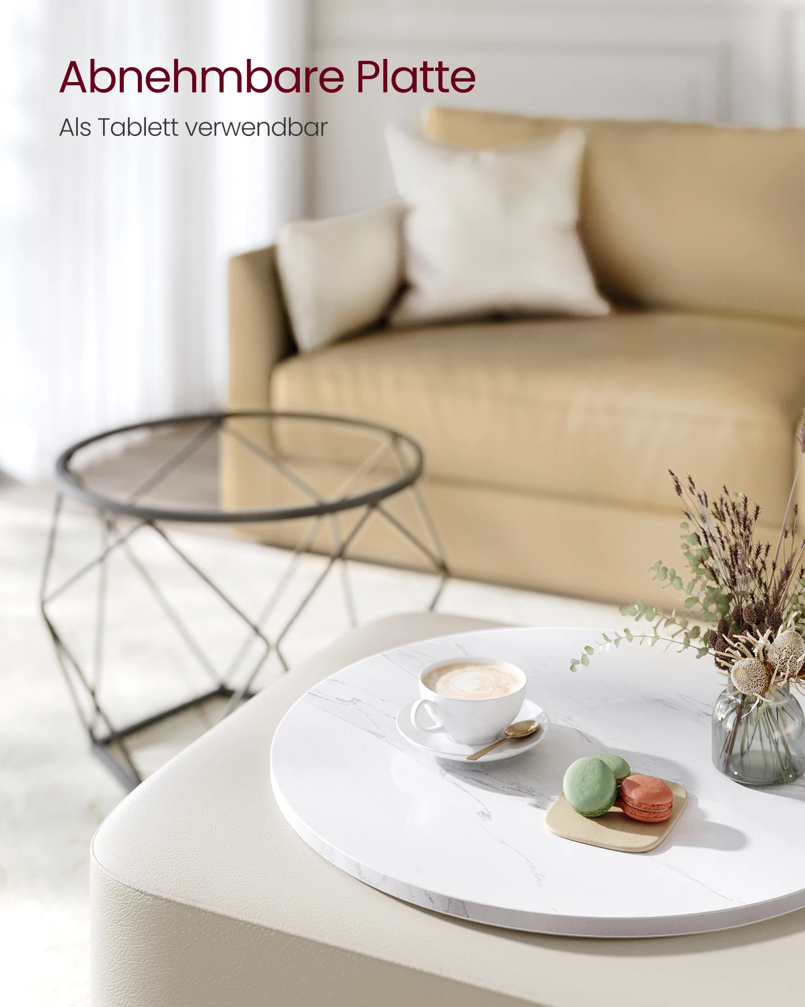 VASAGLE Couchtisch rund, 2er Set, Wohnzimmertisch, Beistelltisch, modern, abnehmbare Tischplatte, für Wohnzimmer