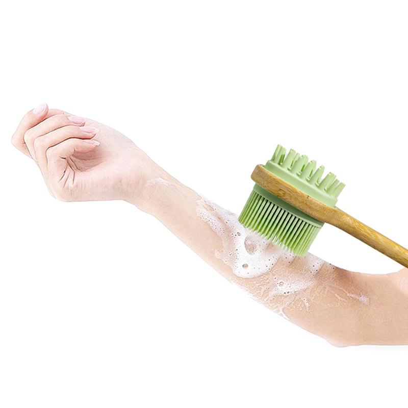 Cepillo de silicona con mango largo de madera, cepillo de ducha Exfoliante para la piel seca, herramienta de limpieza para masaje corporal