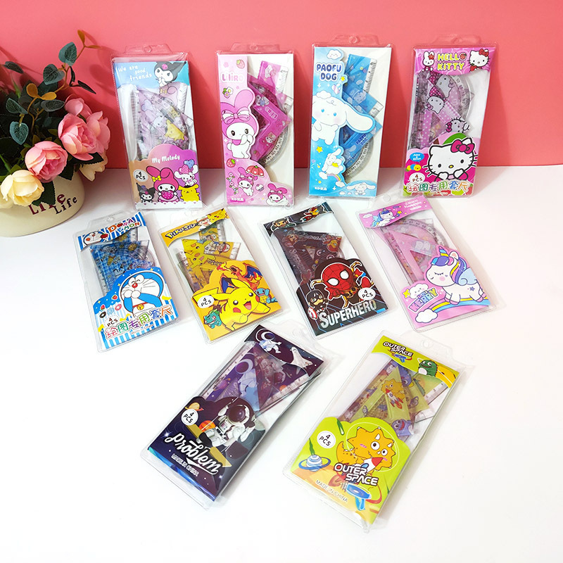 Lindo Sanrio juego de regla de dibujos animados cuatro piezas Kuromi My Melody dibujos animados medición dibujo estudiante papelería conjunto regalo