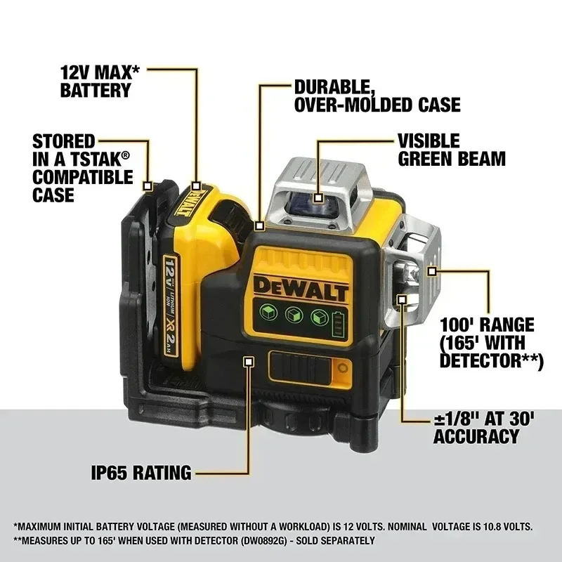 Dewalt DW089LG 3 lados * 360 grados Vertical 12V batería de litio 12 líneas nivel láser Horizontal medidor de nivel de luz verde al aire libre