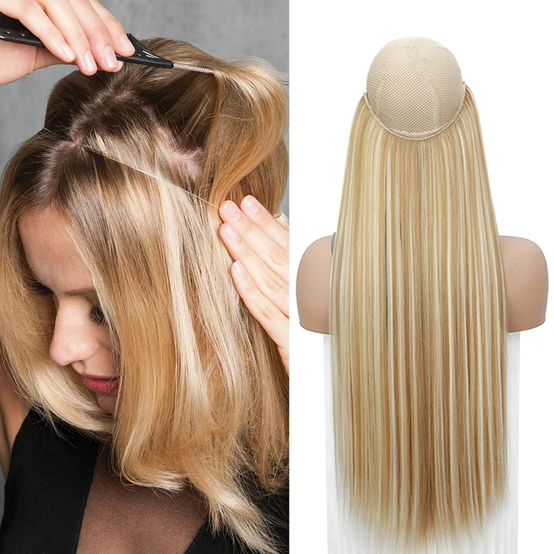 Accessorio per capelli sintetici invisibili da 24 pollici con linea di pesce, parrucchino finto, accessorio per capelli marrone nero per le donne