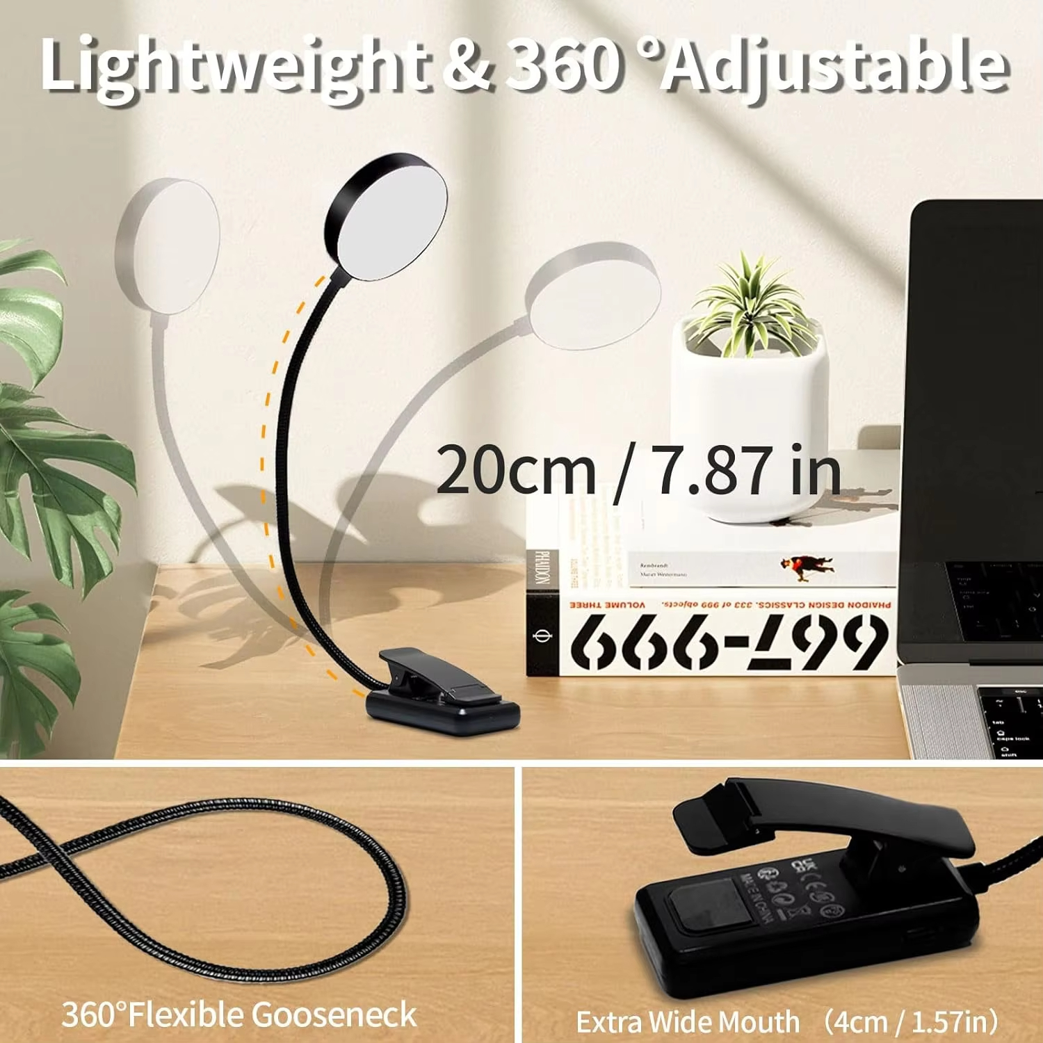 Lampka do czytania LED z klipsem typu przyciskowego, bezstopniowo przyciemniana lampka do czytania typu klipsa, swobodnie obracana o 360 stopni, odpowiednia do domowego biura
