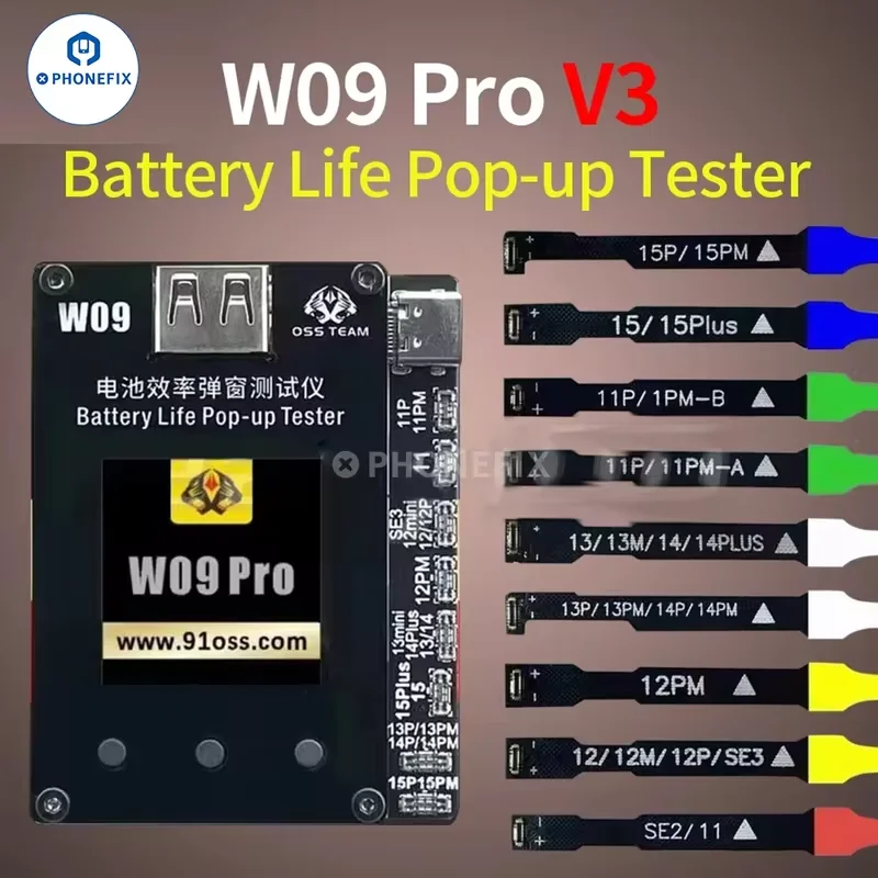Probador emergente de duración de batería OSS W09 Pro V3 para iPhone 11 12 13 14 15 Pro Max batería salud reparación emergente restablecer ciclo de datos de salud