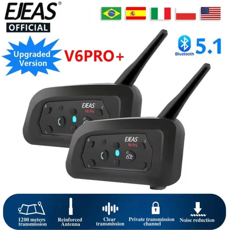 EJEAS V6 PRO+ Motorcycle Intercom Helmet Bluetooth Headset 6 Riders 800m Communicator Waterproof V5.1 Music Player Interphone