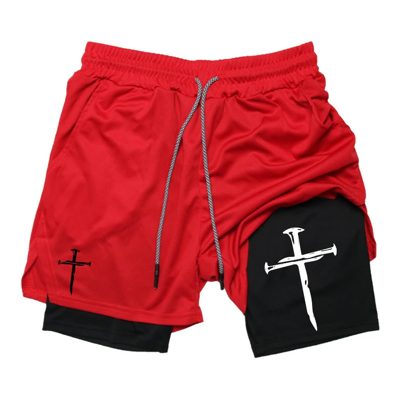 Cross Graphic 2 in 1 กางเกงขาสั้นวิ่งออกกําลังกายสําหรับผู้ชาย Christian Gym Performance กางเกงขาสั้นพร้อมกระเป๋าโทรศัพท์ผ้าเช็ดตัว Loop Active Wear
