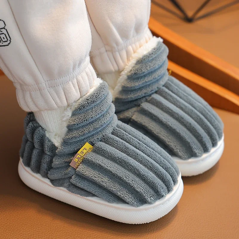 Nieuwe Winter Beknopte Streep Pluche Slippers Kinderen Antislip Zachte Zool Kinderen Jongens Meisjes Hak Wrap Warme Hoge Thuis katoenen Schoenen