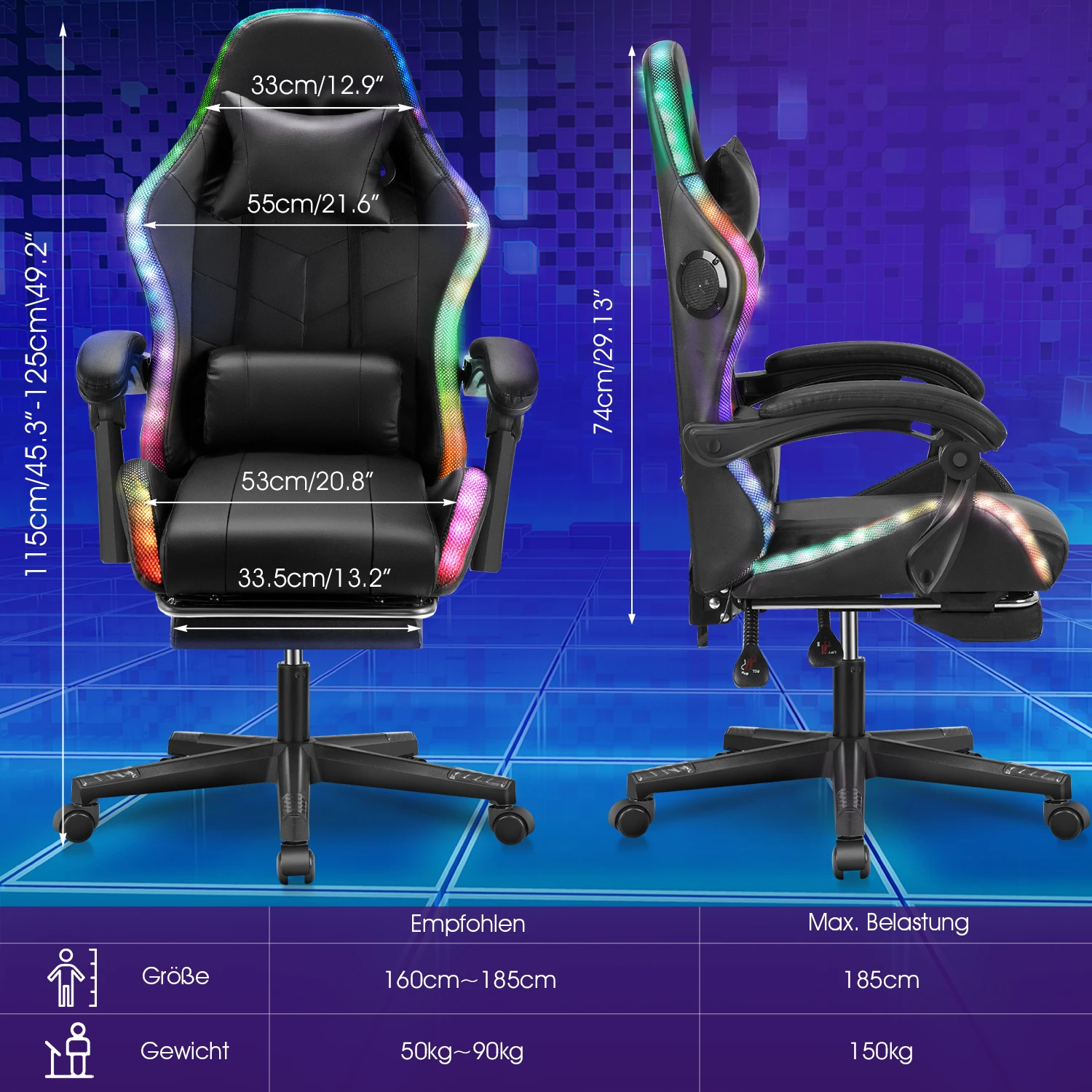 Sedia da gioco con luci a LED, altoparlanti Bluetooth, sedia da gioco ergonomica RGB per adulti, computer reclinabile regolabile in altezza