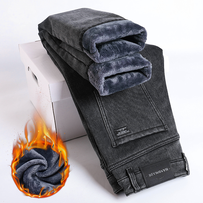 Pantalones vaqueros gruesos y cálidos de lana de invierno para hombre, pantalones vaqueros elásticos rectos ajustados, ropa informal para hombre, pantalones de felpa a la moda