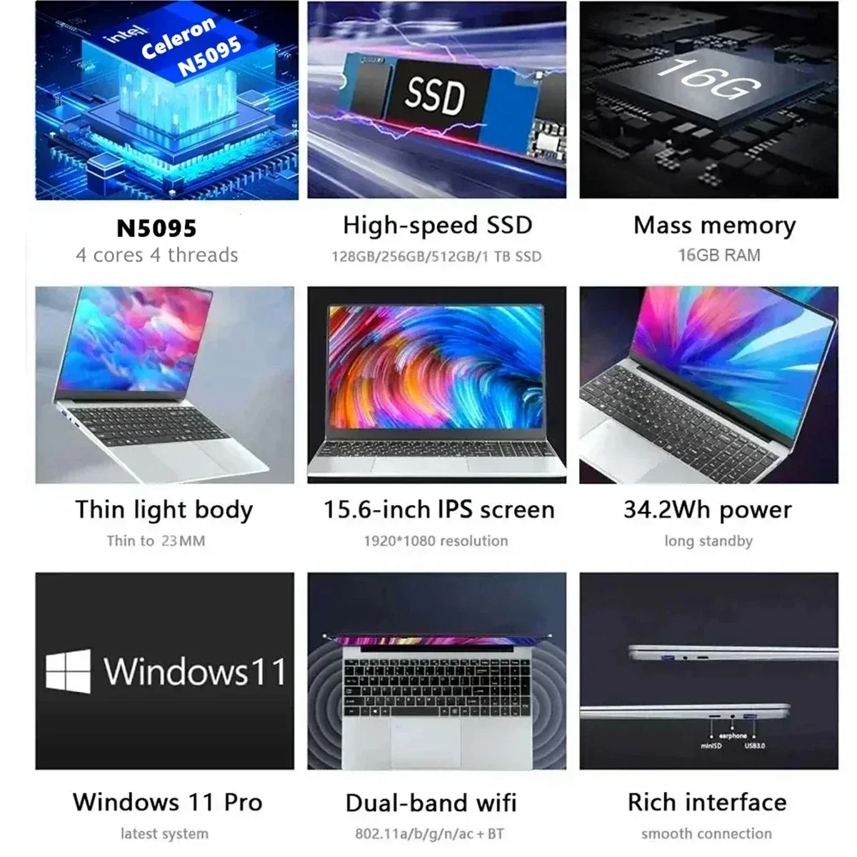 CARBAYTA 15.6" Computer Portatile Intel Celeron N5095 Notebook PC 16 32G Ram 128GB-2TB SSD Ufficio Studio PC Windows 11 1080P Laptop