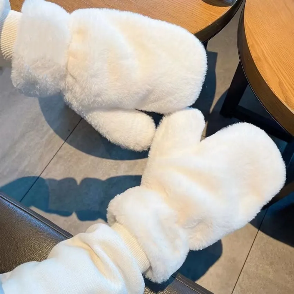 ฤดูหนาวPlush WARMถุงมือThicken Soft Fluffyถุงมือนิ้วน่ารักWindproofอุ่นMittensผู้หญิงสีทึบKeep WARM Mittens