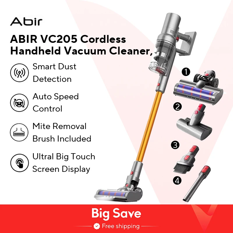 ABIR VC205 Cordless Handheld Vacuum Cleaner,27000PA,Touch Screen,Smart Dust Sensor,Auto Speed Control for Home Bed Carpet Clean