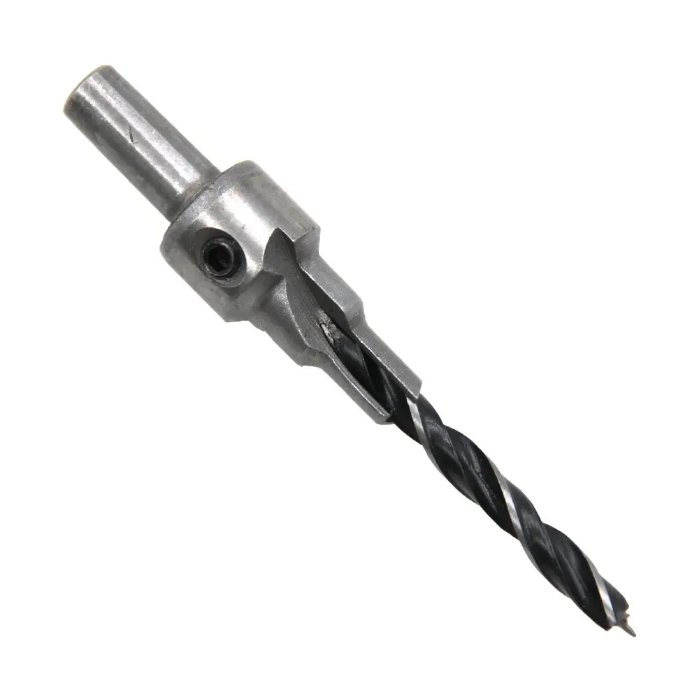 2PC Two Edge Three Step Woodworking Three Point Countersunk Hole Drill 4/5mm Self Centering Cone Hole Drill Bit Wrench Tool Set