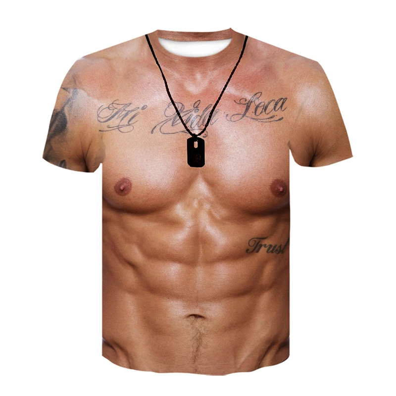 メンズファッションおかしい筋肉質男性 Tシャツ 3D 印刷 Tシャツカジュアルラウンドネック半袖 Tシャツ特大速乾性服