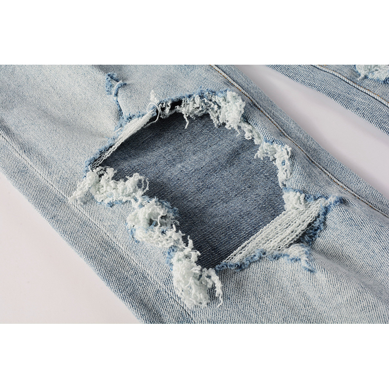 Jeans rasgado azul claro com buracos, angustiado, magro, slim fit, rua alta, estilo de moda americana