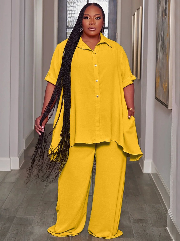 Wmstar-レディースツーピースセット,カジュアルウェア,無地,ボタン付きワイドレッグパンツ,ラージサイズ5xl,卸売り,直送