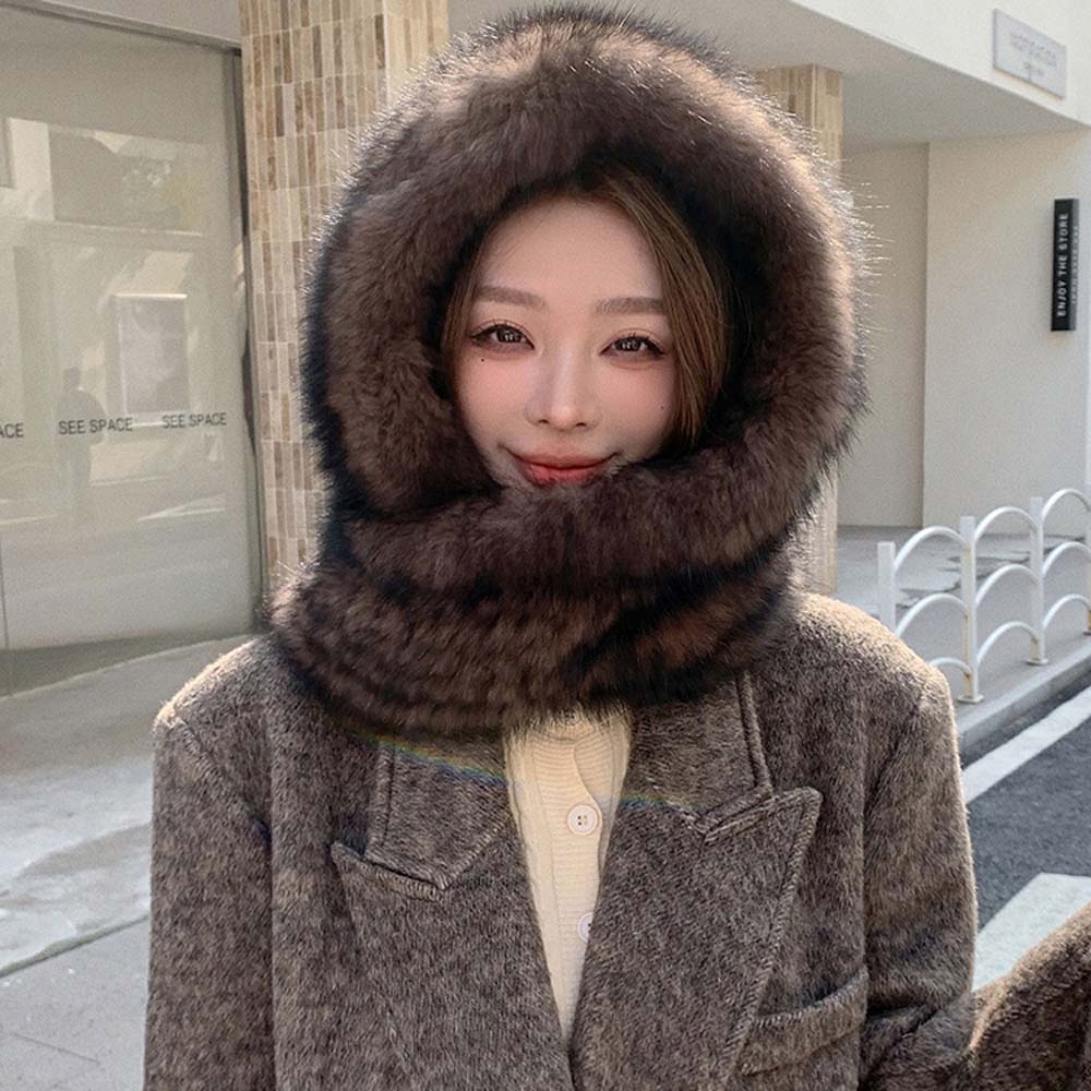 Integrated Hat Scarf Thermal Premium Double Sided Plush Ear Protector Hat Fox Fur Snow Cap Scarf Hat