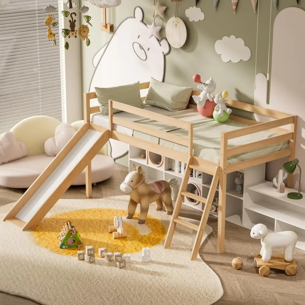 Low Loft Bed with Slide with Interchangeable Climbing Ladder & Storage Space for Kids Toddler Wood Twin Loft Bed Frame