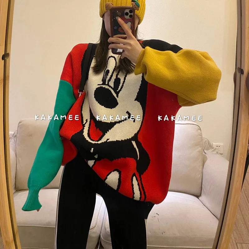 Pulls Disney Mickey pour femmes, manteau de dessin animé ample et confortable, automne et hiver, ample, sauvage, épais, hauts Kawaii