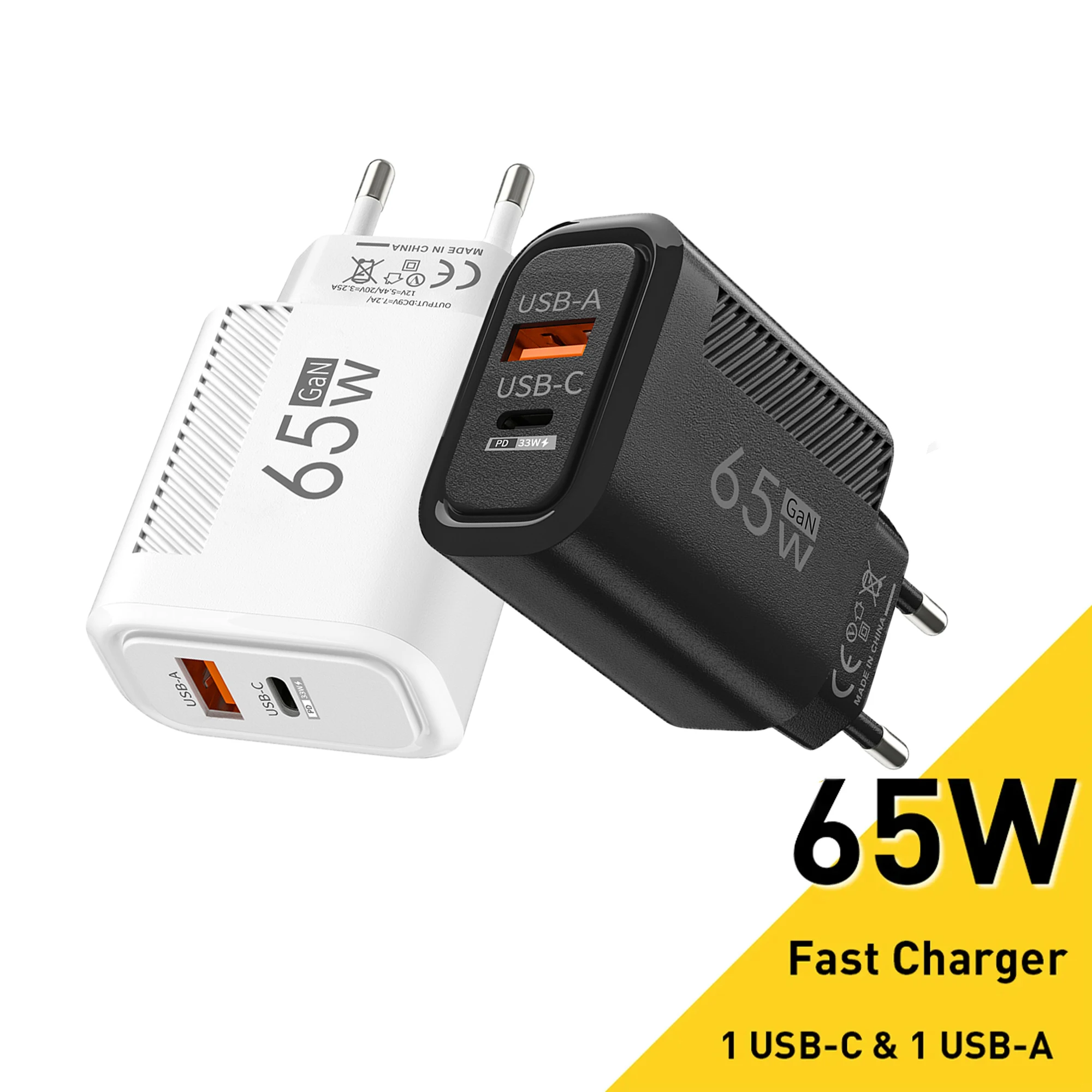 Caricatore GaN USB C Caricatore per telefono a ricarica rapida da 65 W Adattatore per spina UE/USA per iPhone Samsung Xiaomi Caricatore da muro di tipo C a ricarica rapida