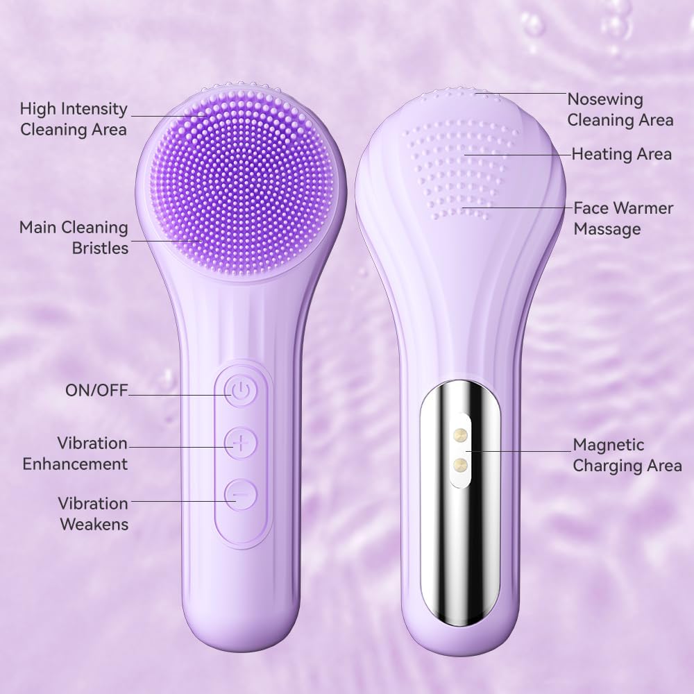 Facial cleansing brush, silicone facial cleansing brush, with heating and vibration 5-speed settings, waterproof rechargeable el